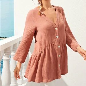 Button front textured fabric peplum shirt